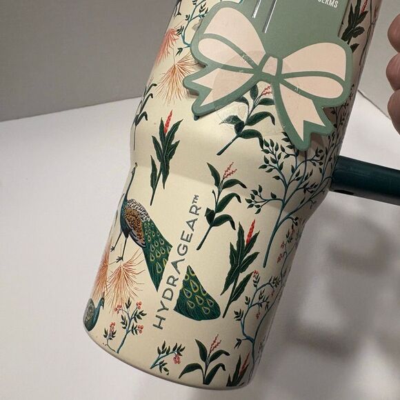 Hydragear Green Cream Peacock Print Stainless Steel Tumbler 30 Oz Bow Straw - Picture 6 of 7